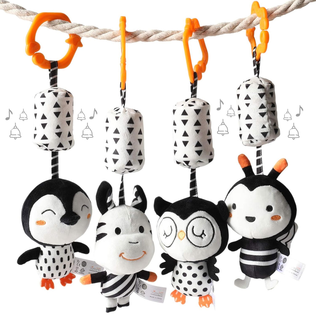 TUMAMA Plush Baby Toys - Black and White Hanging Rattles for Newborns | 4-Pack for Boys & Girls