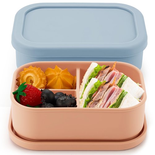Layhit 2 Pcs Silicone Bento Box for Adults, 27 oz Bento Lunch Container Reusable 3 Compartment Lunchable Food Container for Women Men, Leak Proof Microwave Dishwasher Freezer Safe (Orange, Gray Blue)