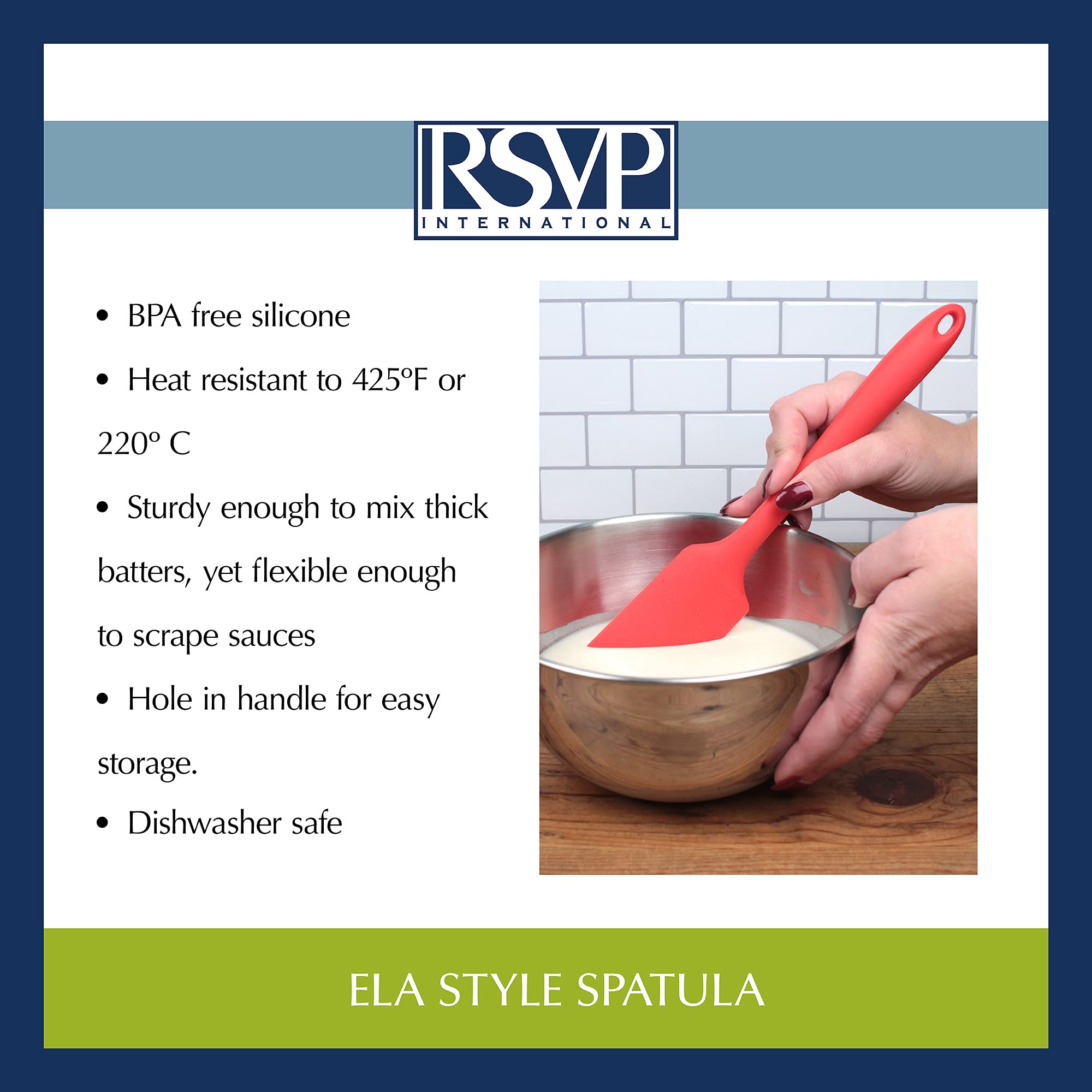 RSVP International Ela Series Heat Resistant Spatulas for Cooking & Baking Strong Silicone Wrapped Steel Rubber Scraper, Spatula, 11x2", Red