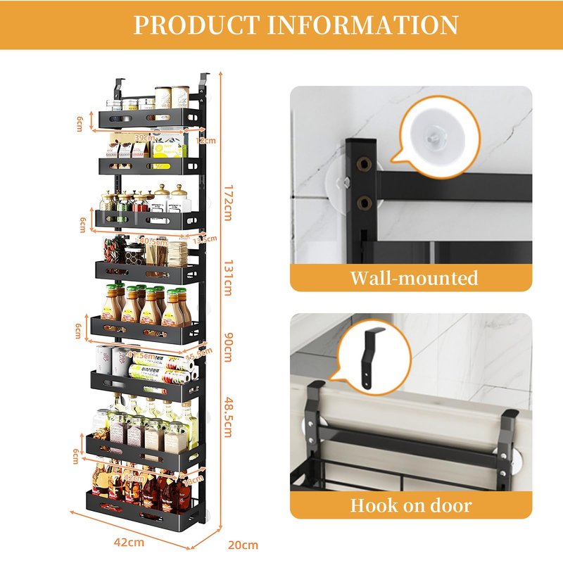VIESOGEZ 6-story door mounted cutlery storage rack, large metal door seasoning rack with adjustable basket, 2-in-1 wall mounted kitchen cutlery storage rack, black