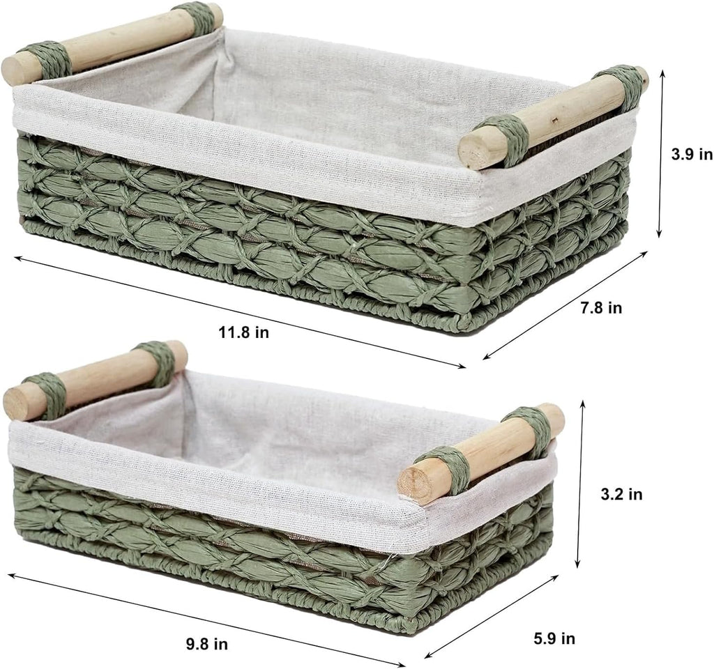 Regine Switzerland Set of 2 Green Bathroom Basket Organizers - Wicker Storage Baskets with Liner & Wooden Handles for Towels & Toiletries