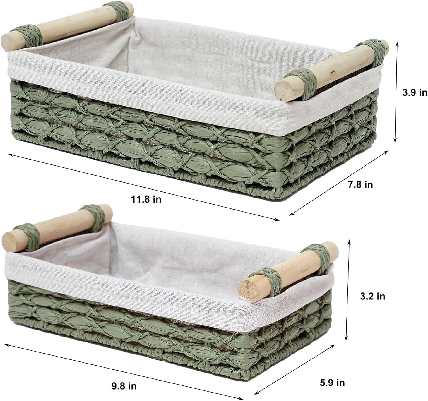 Regine Switzerland Set of 2 Green Bathroom Basket Organizers - Wicker Storage Baskets with Liner & Wooden Handles for Towels & Toiletries