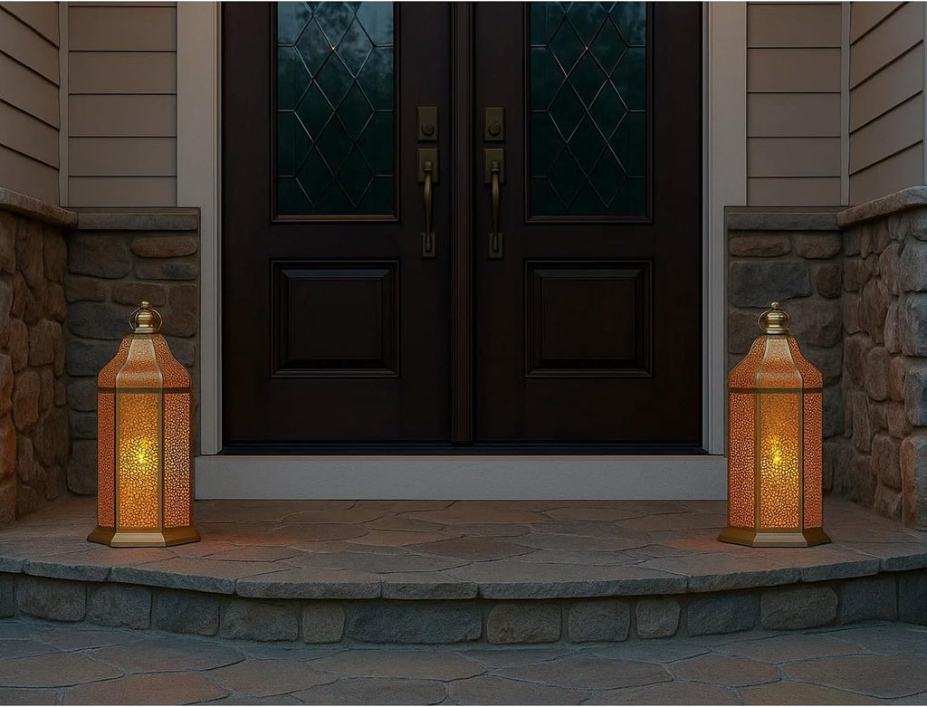 VELA Lanterns 16" Champagne Gold Moroccan Candle Lantern - Decorative Metal Hexagon for Table or Hanging | Perfect for Ramadan, Weddings, Indoor & Patio Lighting