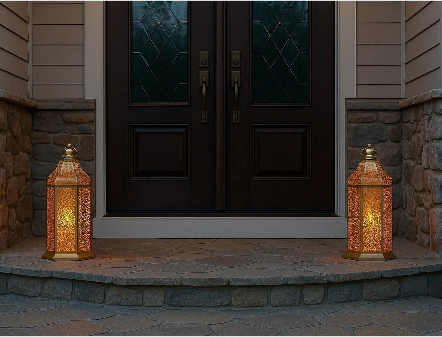 VELA Lanterns 16" Champagne Gold Moroccan Candle Lantern - Decorative Metal Hexagon for Table or Hanging | Perfect for Ramadan, Weddings, Indoor & Patio Lighting