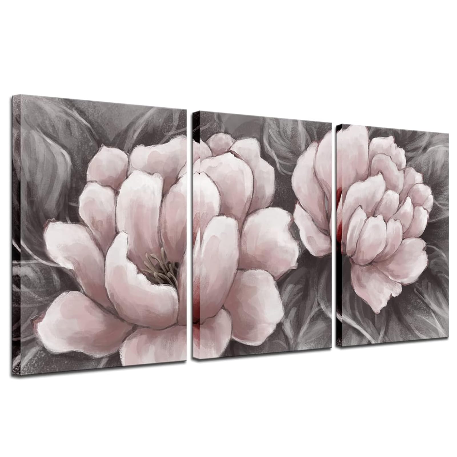 Biuteawal Flower Canvas Wall Art Abstract Pink and Gray Wall Artworks Elegant Floral Painting Still Life Pictures for Home Living Room Bedroom Decoration Ready to Hang 16x24inx3panels