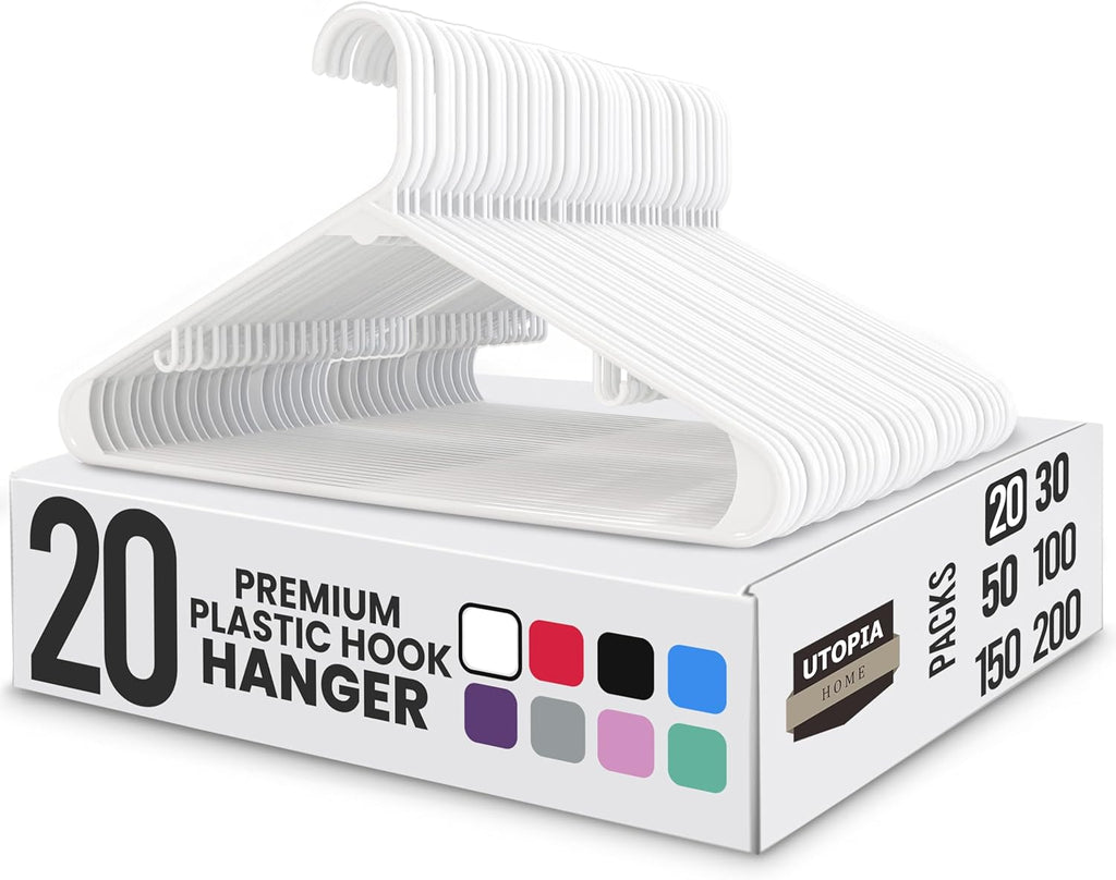 Utopia Home Plastic Hangers - Durable Space-Saving Clothes Organizer - 20 Pack for Shirts, Pants, Skirts & Coats (White)