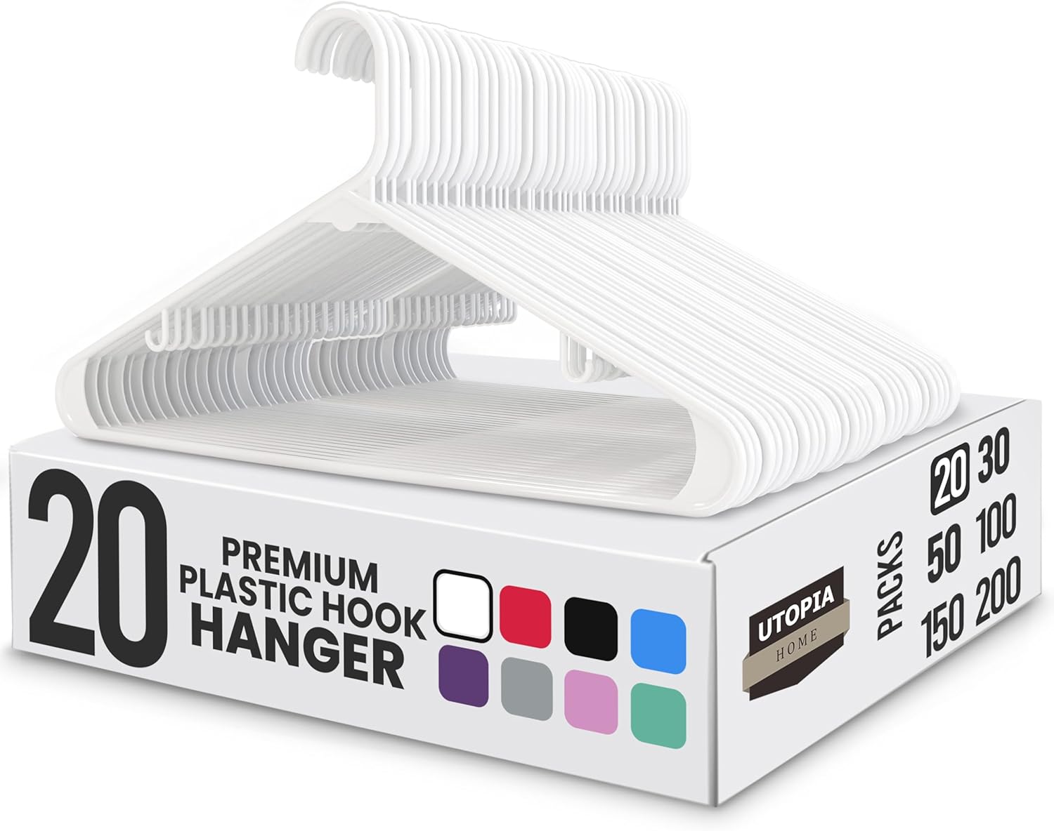 Utopia Home Plastic Hangers - Durable Space-Saving Clothes Organizer - 20 Pack for Shirts, Pants, Skirts & Coats (White)