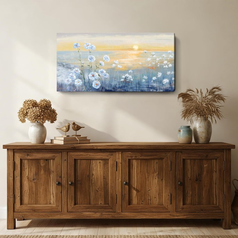 Blue Ocean Sunset Canvas Wall Art for Living Room Abstract Seascape Painting Coastal Beach Wildflowers Picture Natural Sea Landscape Print Sunrise With Yellow Orange Sky Seaside Artwork 20x40inch
