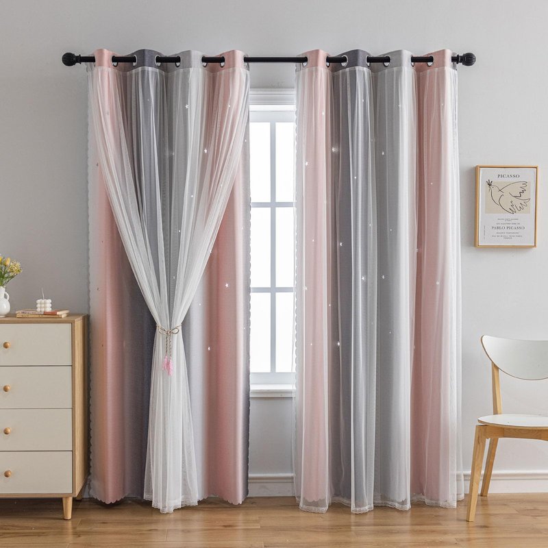 conokata Star Girl and Kids Curtains for Bedroom Rainbow Ombre Double Layer Cute Shot Nursery Darkening Grommet Princess Room Décor 2 Panels Living Room Window Curtain (Pink-Grey, 52W x 84L)