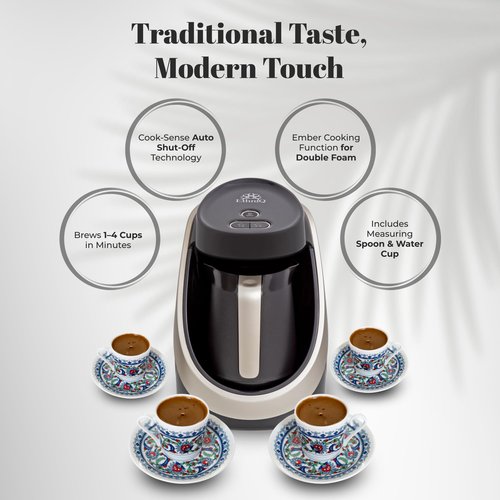 ETHNIQ Turkish Coffee Maker - 100% BPA Free, 120V, 1 to 4 Cup Brewing Capacity with Cook Sense Technology for Delicious Cup of Turkish & Greek Coffee, Turkish Coffee Pot (Dark Silver)