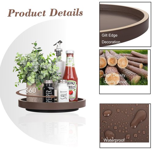 Lazy Susan Organizer for Table Top, Kitchen Countertop Organizer Wooden Lazy Susan Turntable for Cabinet, Spice and Soap Organizer Rack Bathroom Sink Tray for Vanity, 10 Inch, Brown Brushed Gold