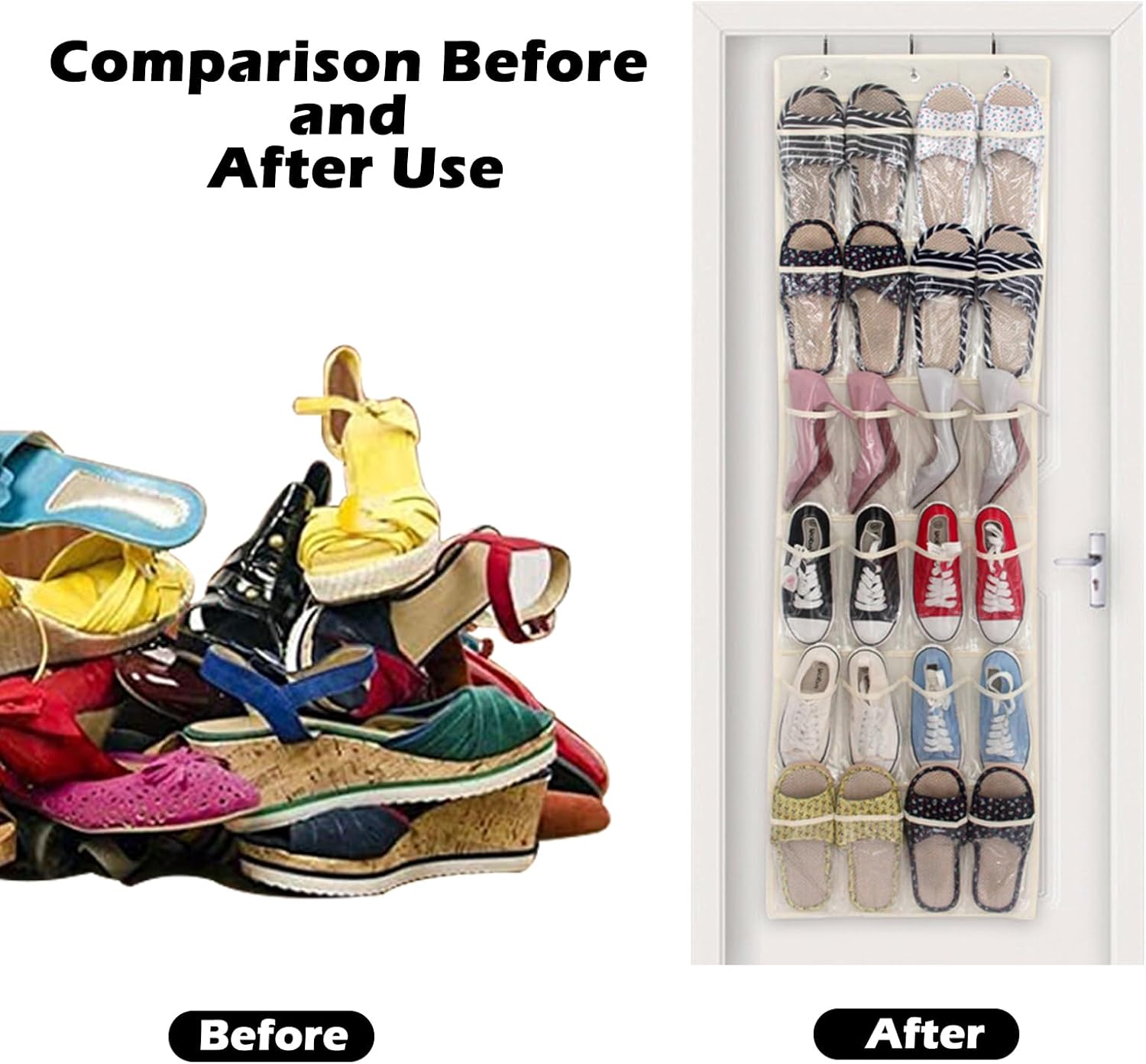Skiennix Over The Door Shoe Organizer - 24 Pocket Folding Hanging Rack with Hooks for Bedroom/Bathroom