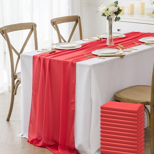 12 Pack Chiffon Table Runner 14x108 Inch Long 9ft Sheer Table Runners for Party Romantic Wedding Bridal Shower Fall Decorations-Red