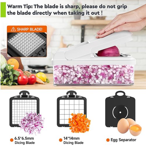 MealHelper 12-in-1 Vegetable Chopper, 7 Blade Veggie Chopper, Practical Food Chopper with Container, Cheese Grater, Home Essentials & Kitchen Gadgets(Black/White)