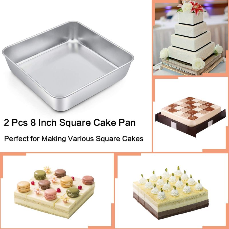 TeamFar Square Cake Pan with Lid (2 Pans & 2 Lids), 8 Inch Stainless Steel Square Baking Tray Cake Brownie Tin For Meal Prep Storage Transporting Food, Healthy & Sturdy, Dishwasher Safe