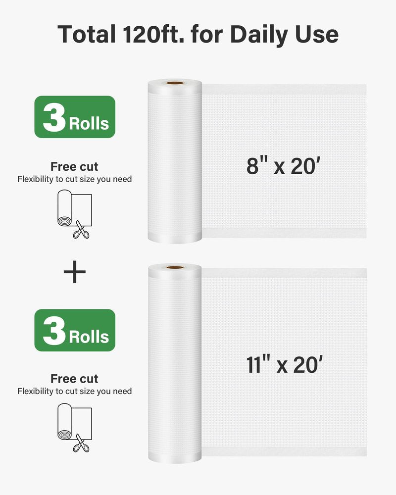 Kootek Vacuum Sealer Bags for Food, 6 Rolls for Custom Fit Food Storage, Meal Prep or Sous Vide, 8" x 20' (3 Rolls) and 11"x 20' (3 Rolls) Commercial Grade Vacuum Seal Freezer Bags Rolls