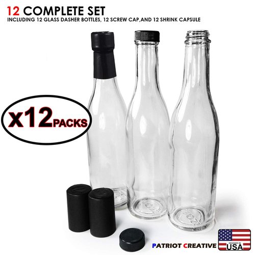 PATRIOT CREATIVE Woozy Bottles Empty 12 Oz Complete Sets of Premium Commercial Grade Clear Glass Dasher Woozy Bottle Shrink Capsule with Gold Tear Tab Leak Proof Screw Cap (Black 12 Sets) - 12 oz