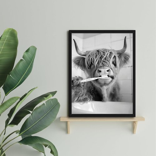 Highland Cow | Framed Funny Bathroom Wall Art - Black and White Modern Farmhouse Decor | 12x16in