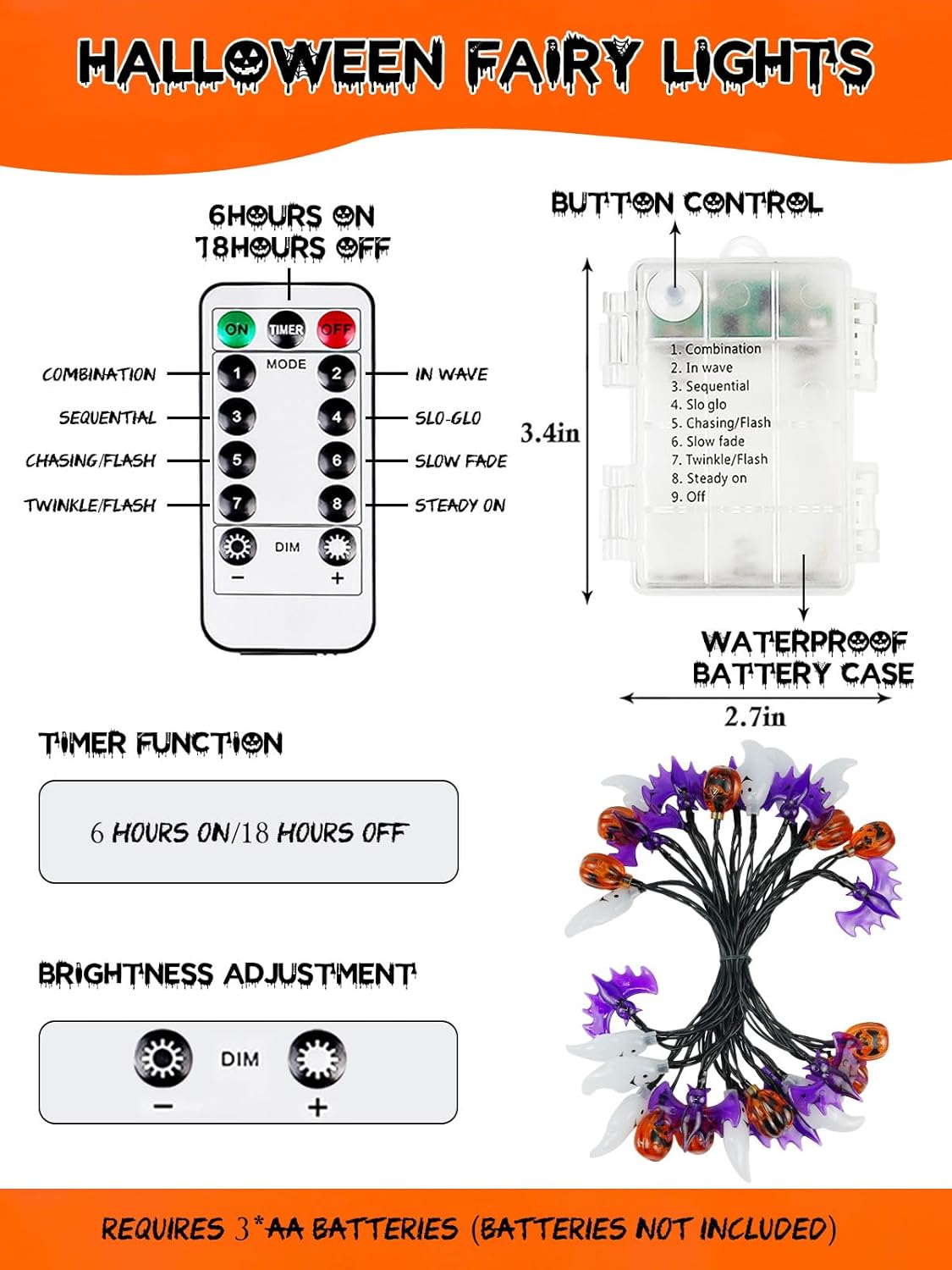 Skiennix Halloween String Lights - 30 LED 3D Pumpkin, Bat & Ghost Fairy Lights | Waterproof, Remote & Timer