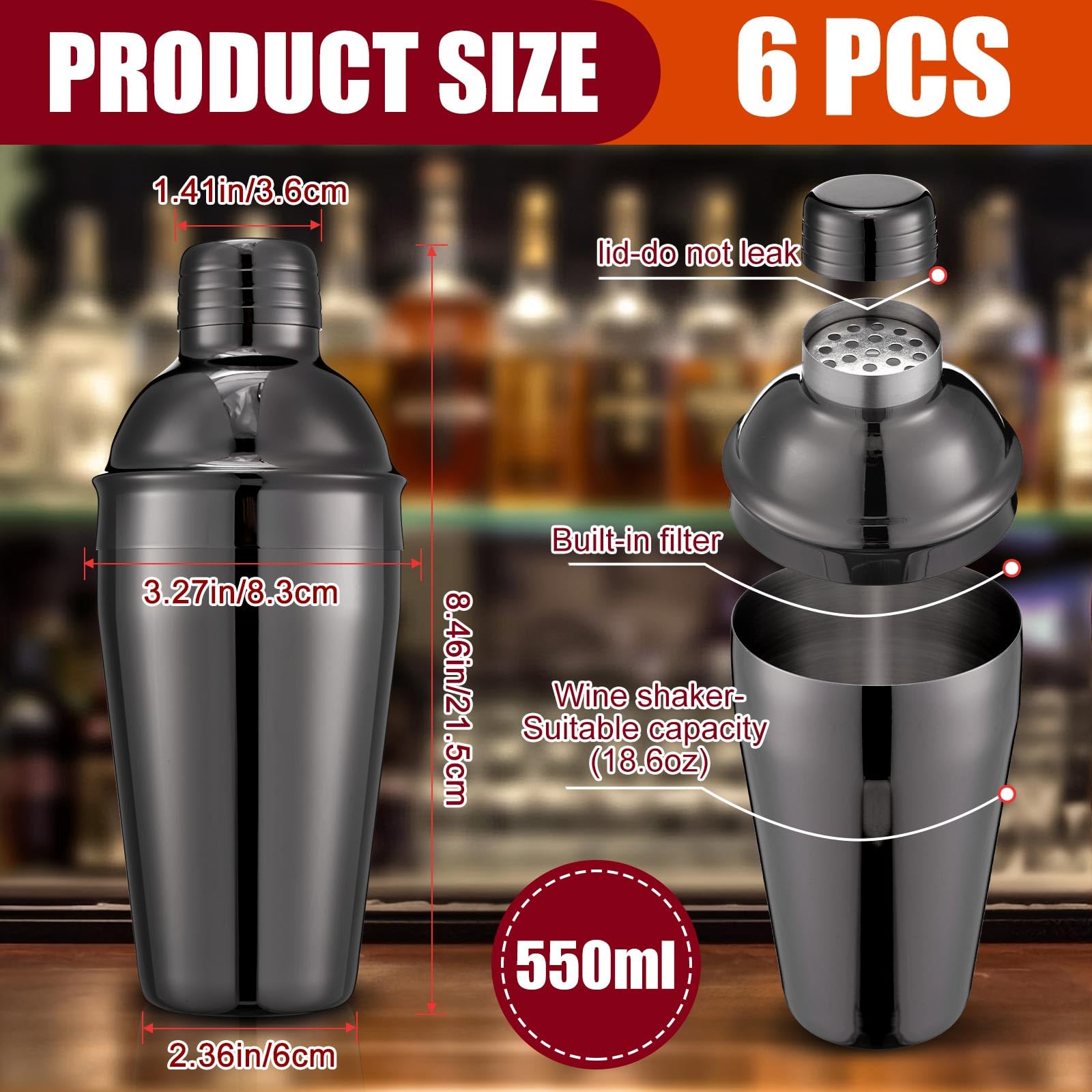 Nitial 6 Pcs Bar Cocktail Shaker Professional Stainless Steel Martini Drink Mixer with Built-in Strainer for Bartending No Leaks Boston Shaker for Bar Party Drink Mixing Tool(18.6 oz,Black)