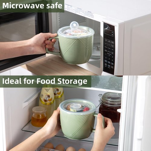 Adewnest Ceramic Soup Bowls with Lid & Handle: 32 oz Microwave Safe Food Containers for Ramen Noodles Cereal Leftovers - Extra Large Mugs for Breakfast Lunch Picnic Camping - Green, Set of 4