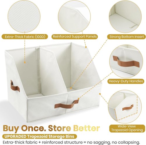 **UPGRADED HEIGHT Trapezoid Storage Bins by Closet Organizers | Collapsible Fabric Bins with Handles & Adjustable Dividers (6pcs, Medium, Ivory)**