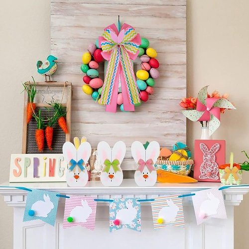 Meseey Large Easter Burlap Bow - 20 x 10 Inch Spring Bunny Rabbit Wreaths for Home Decor & Gift Wrapping