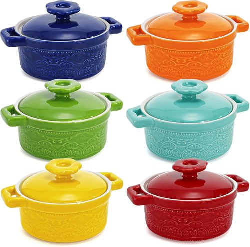 Hacaroa Mini Cocotte Set - 8 Oz Ceramic Ramekins with Lid & Handles | Versatile Individual Baking Dishes in 6 Colors