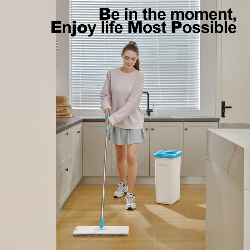 BEJOMOP Mop and Bucket Set, Mops for Floor Cleaning Turquoise-Cyan, Wall Mop with Long Handle, Squeeze Flat Mop and Bucket System, Dry & Wet Dust Mop for Household Cleaning with 2 Microfiber Mops