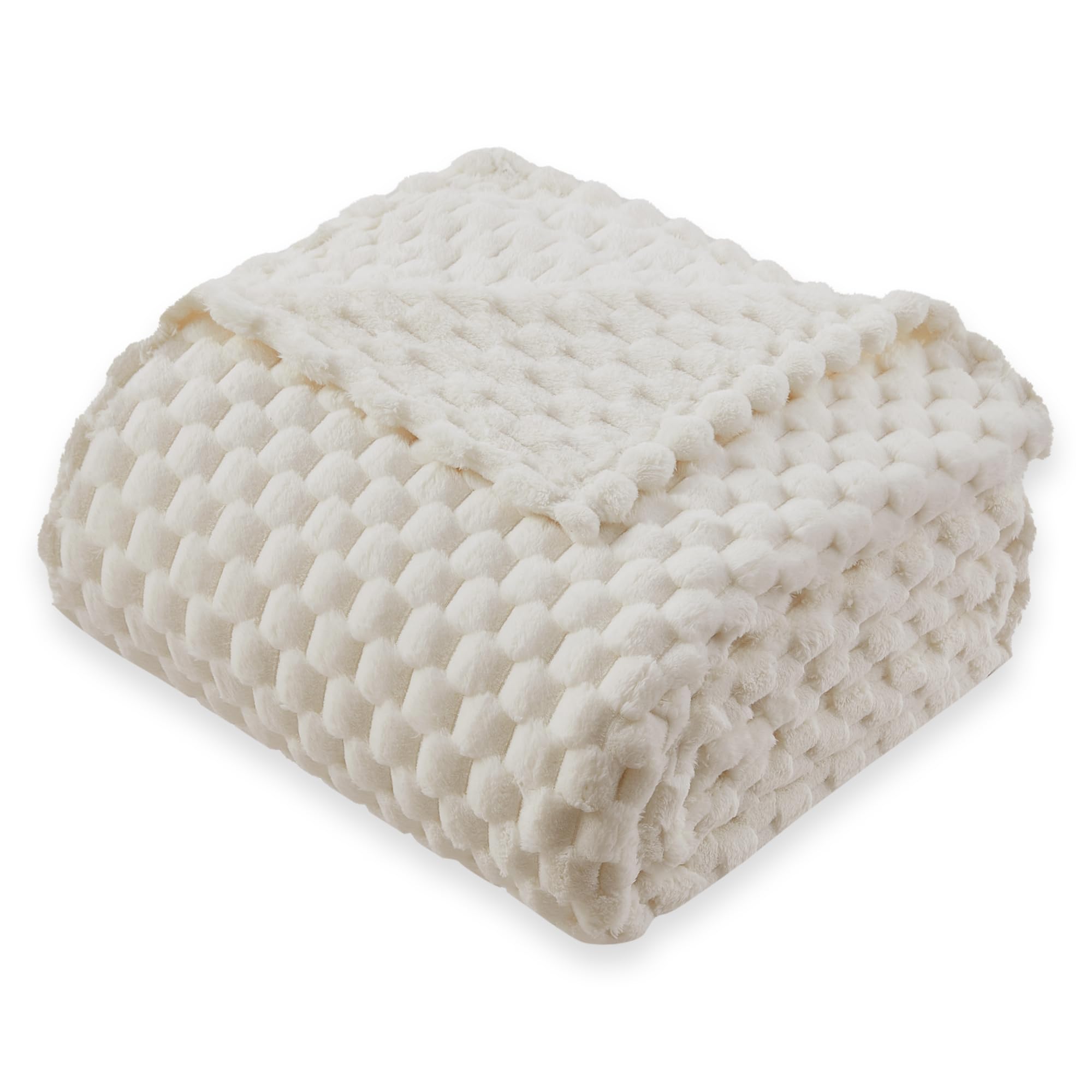 KORBLISS Super Soft Fleece Twin Blanket 50x70 Inches for Couch, Premium Silky with 3D Imitation Turtle Shell Jacquard Decorative Blankets, Lightweight and Cozy for Sofa.Ivory