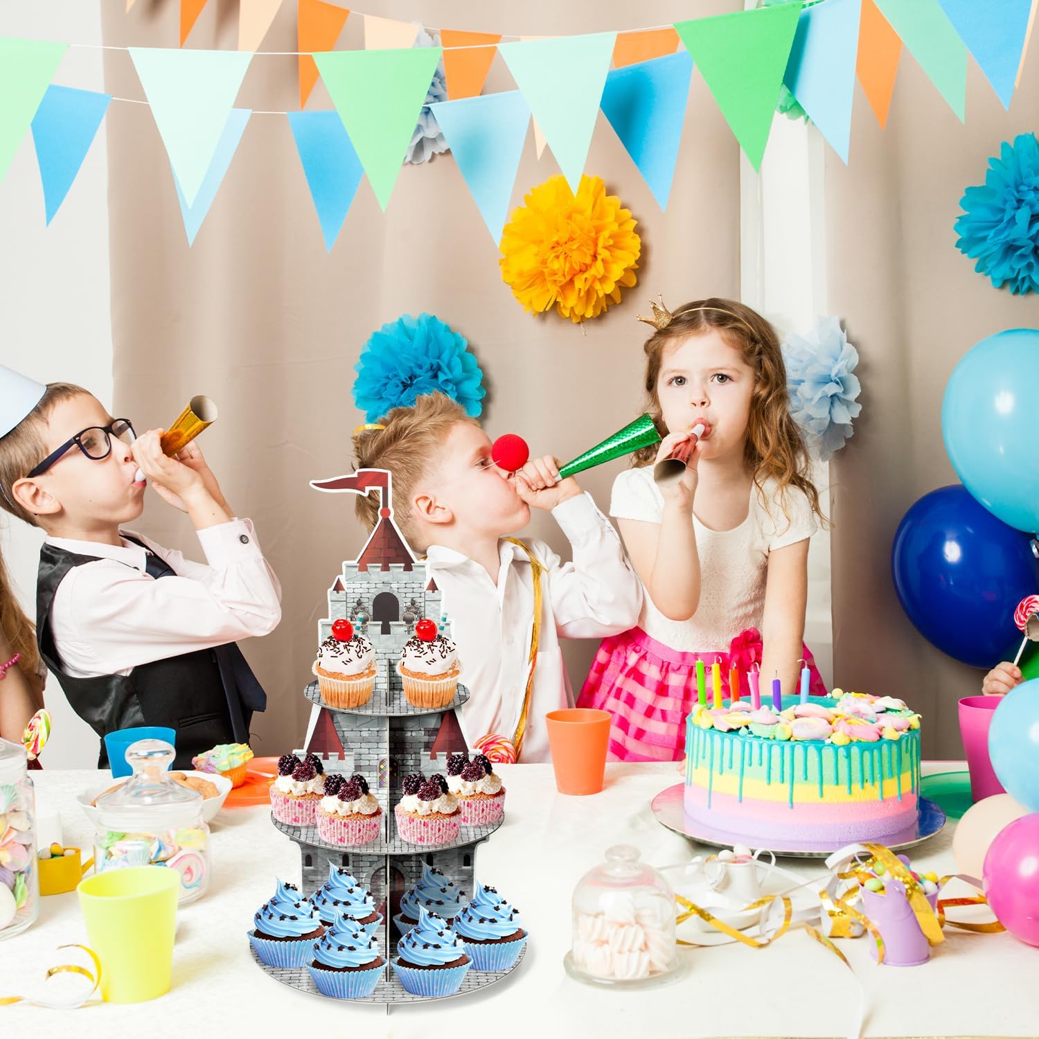 Salovio Cupcake Stand 3 Tiers Medieval Knight Cake Holder Stand Castle Birthday Party Cardboard Cupcake Holder Decorations Dessert Tower Party Supplies for Knight Birthday Baby Shower