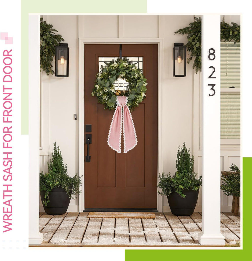 Skiennix Scalloped Wreath Sash - Ruffle Ribbon Bow for Front Door Decor | Pink & White, 2 Pcs