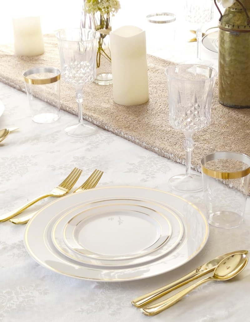 OCCASIONS 80 Plates Pack,(40 Guests) Heavyweight Premium Wedding Party Disposable Plastic Plates Set -40 x 10.5'' Dinner + 40 x 7.5'' Salad/Dessert (White & Gold Rim)