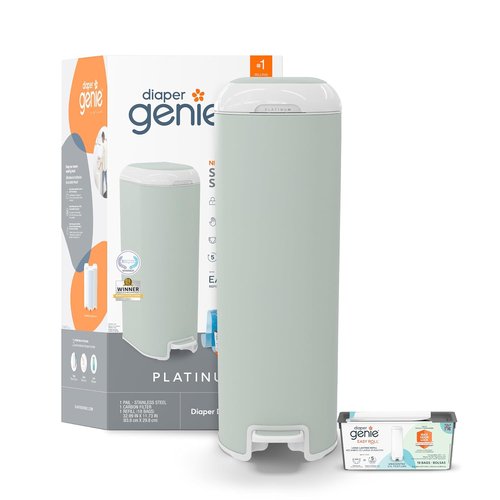 Diaper Genie Platinum Pail - Durable Stainless Steel with 1 Easy Roll Refill | Sage Green, Lasts 5 Months