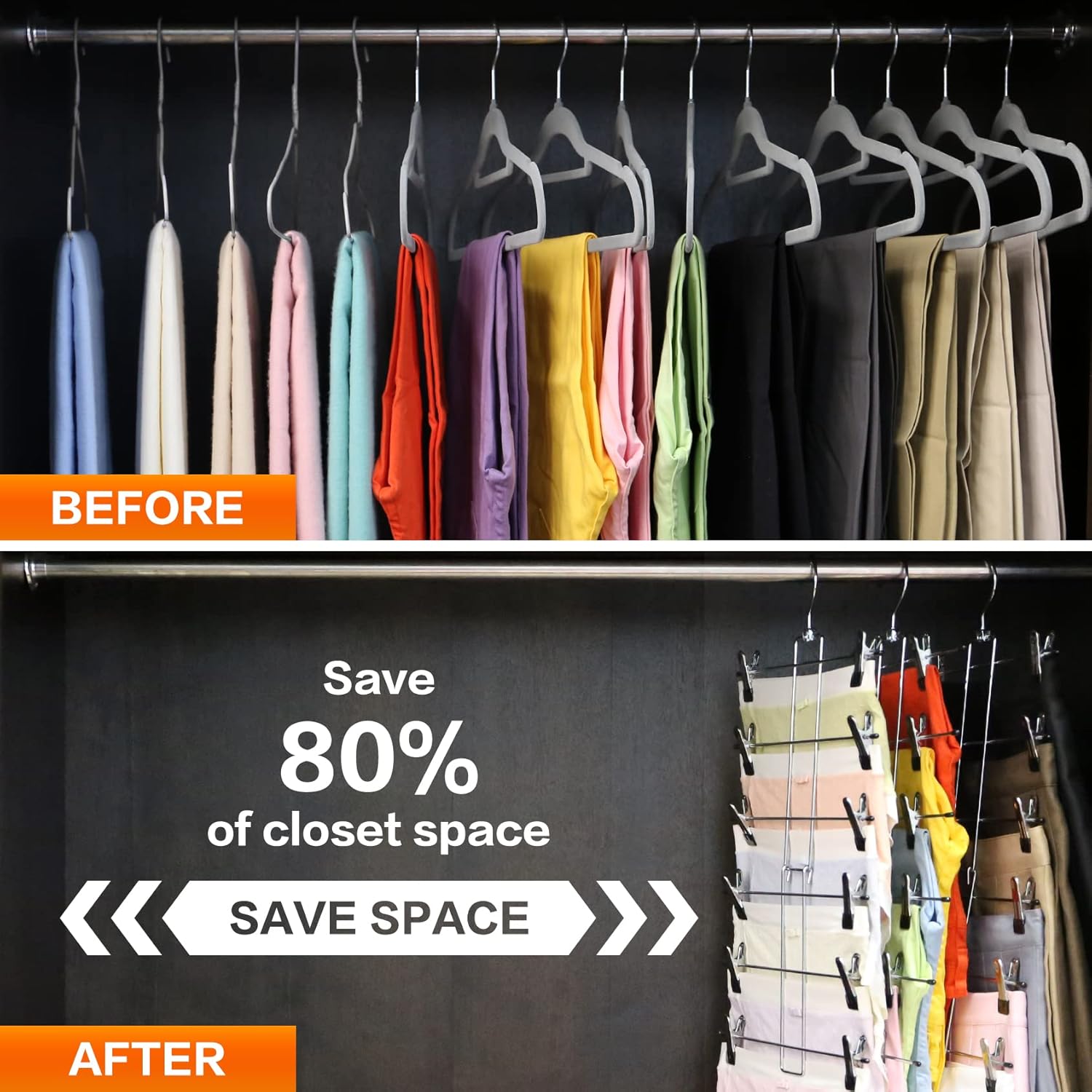 Skiennix 3-Pack Pants Hangers - Space-Saving 6-Tier Closet Organizers with Clips for Clothes Storage | Essential College Dorm Decor