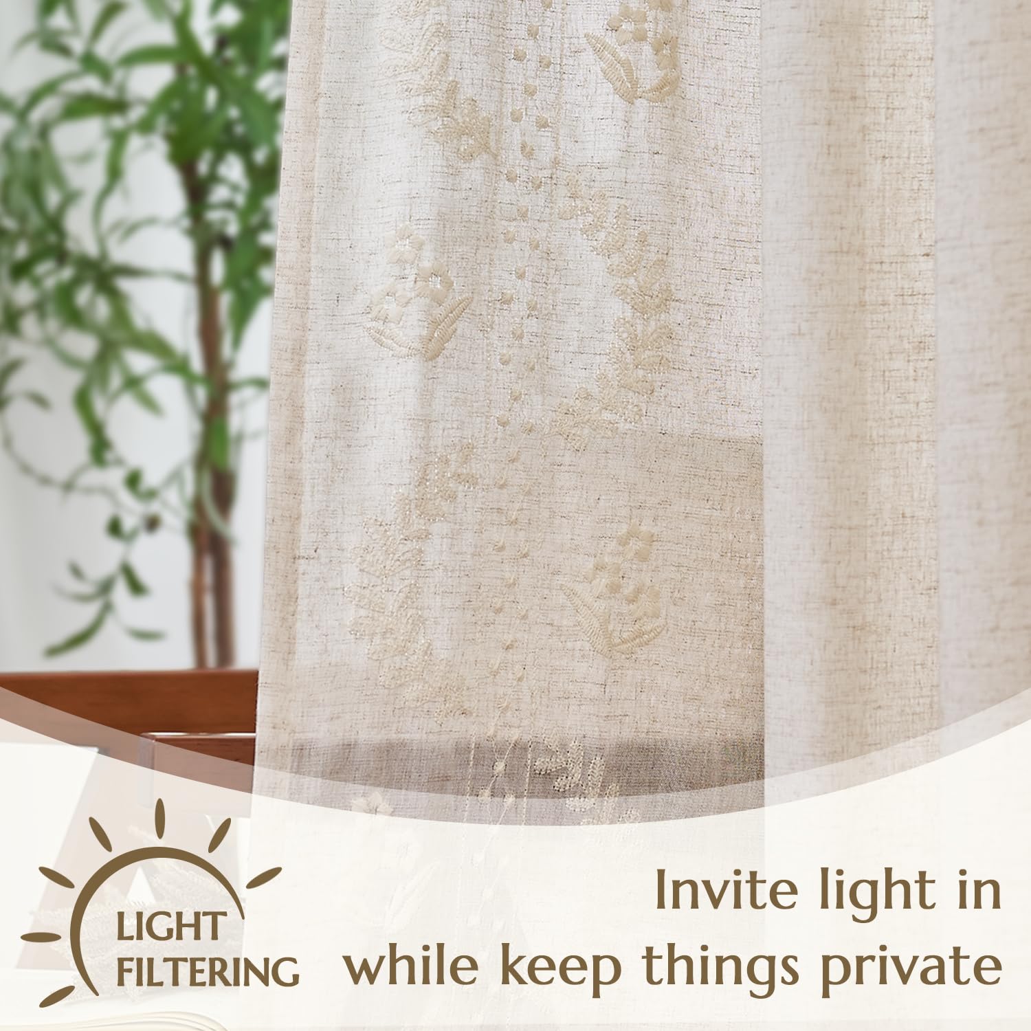 jinchan Belrose Linen Curtains for Bedroom Floral Curtains 90 Inch Length Linen Blend Ivory Embroidered Drapes Farmhouse Flower Patterned Drapes for Living Room Window Treatments Set 2 Panels