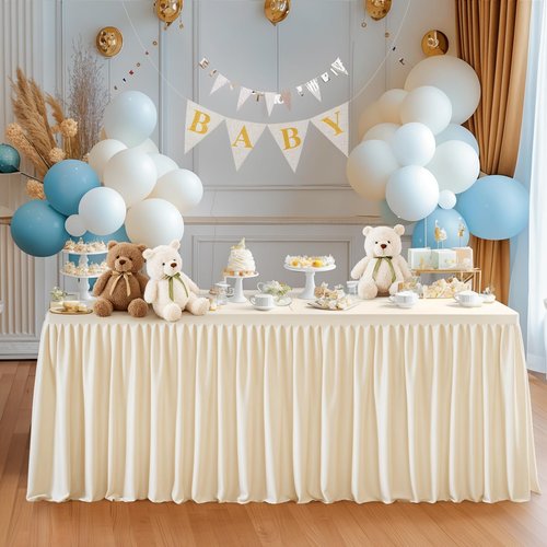 Party Talk Light Champagne Polyester Table Clothes for 4 Foot Rectangle Tables, Wrinkle Free Fitted Table Cover 4ft Stretch Tablecloths with Skirt for Parties Weddings Birthday Banquet Baby Shower