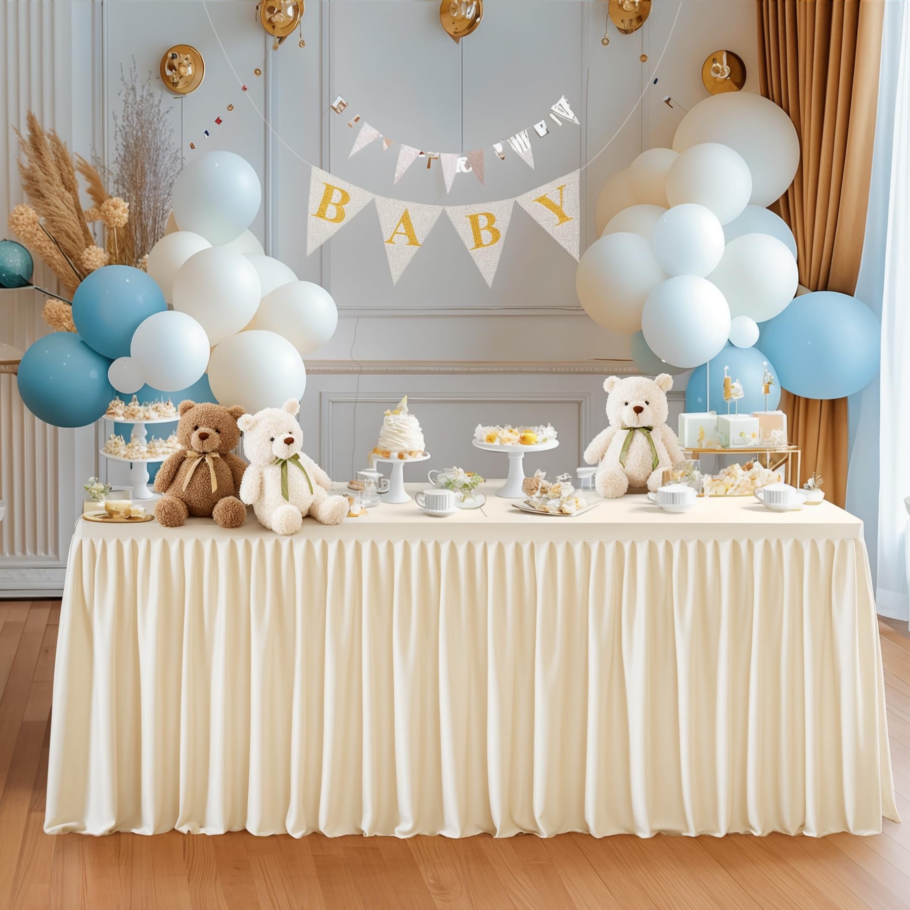 Party Talk Light Champagne Polyester Table Clothes for 4 Foot Rectangle Tables, Wrinkle Free Fitted Table Cover 4ft Stretch Tablecloths with Skirt for Parties Weddings Birthday Banquet Baby Shower
