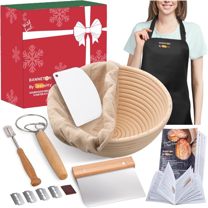 Jeensley Banneton Bread Proofing Basket Set with Brochure & Baking Supplies, 9 Inch Round Proving Bowl with Liner & Making Tools, Sourdough Starter Kit, Handmade from Quality Natural Indonesian Rattan