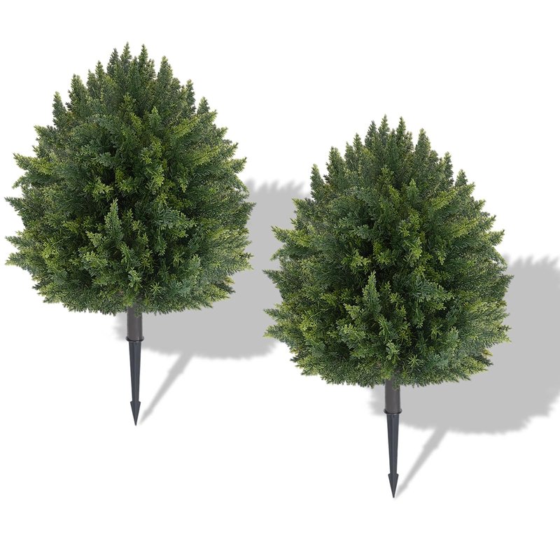 2 Pcs UV Resistant Artificial Cypress Topiaries, Bushes with Ground Spike,25 in Artificial Cedar Ball Trees，Fade-Proof Lifelike Greenery, Ideal for Indoor and Outdoor Use