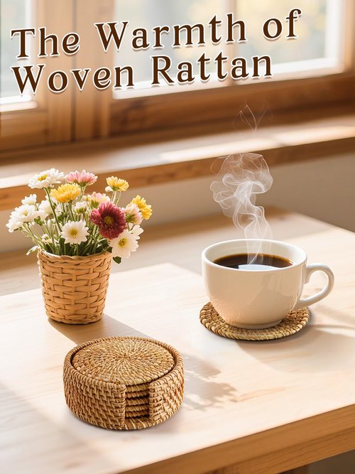 6pcs Natural Handmade Rattan Coasters with Holder - Wicker Drink Coasters Set for Protecting Table, Housewarming Gifts Boho Home Decor