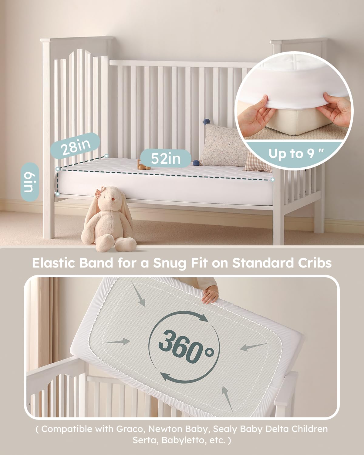 Yoofoss Waterproof Crib Mattress Protector - Ultra Soft & Breathable | 2 Pack, Fits Standard 52''x28'' Cribs