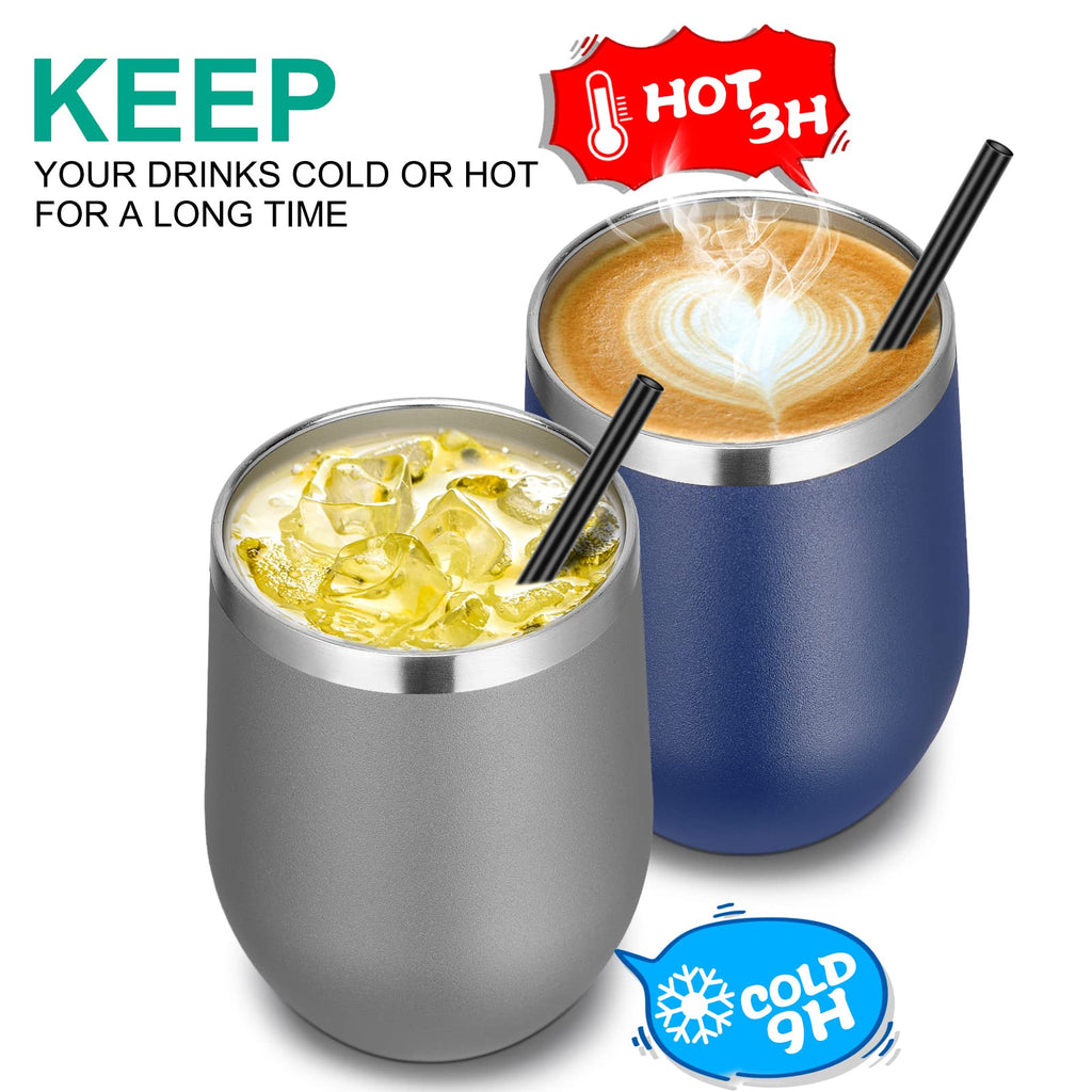 VEGOND Wine Tumblers Bulk 12 Pack, 12oz Stainless Steel Stemless Wine Glass with Lids and Straws, Double Wall Vacuum Insulated Tumbler Cup, Coffee Mug for Cold Hot Drinks