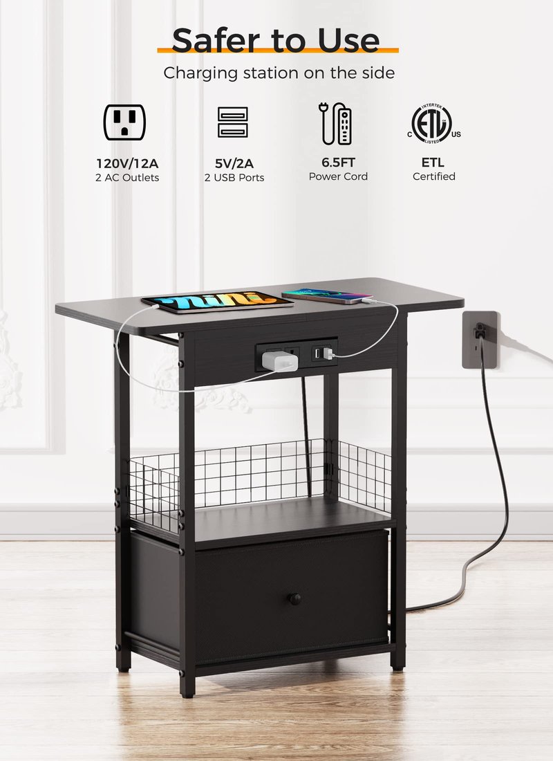 End Table with Charging Station, 25.5” Sofa Side Table with USB Ports and Outlets, Narrow Nightstand with Fabric Drawer, Slim Bedside Table with Storage for Living Room Bedroom Home Entryway, Black