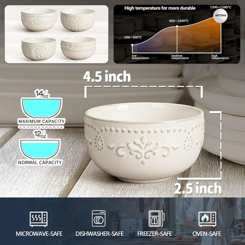 Artena Ceramic Dessert Bowls Set of 4 | 12 oz Embossed White Bowls for Ice Cream & Cereal - Microwave & Dishwasher Safe