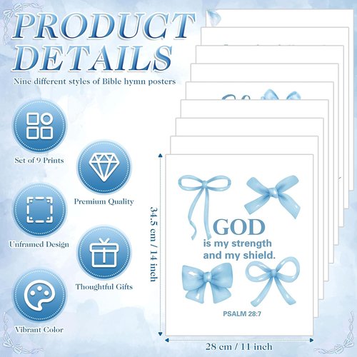 Chiisong 9 Pcs Blue Bow Wall Art Decor - Inspirational Christian Scripture Prints | 14 x 11'' Unframed Set for Living Room & Bedroom