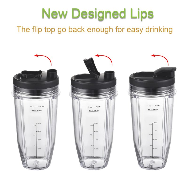 Replacement 24oz Cups for Nutri Ninja Blenders, Blender Replacement Parts with Upgraded Lid for BL450 BL454 BL480 BL482 BL640 BL642 BL682 BN801 SS101 SS351 SS401, Ninja Blender Auto IQ Blade, 2 Packs