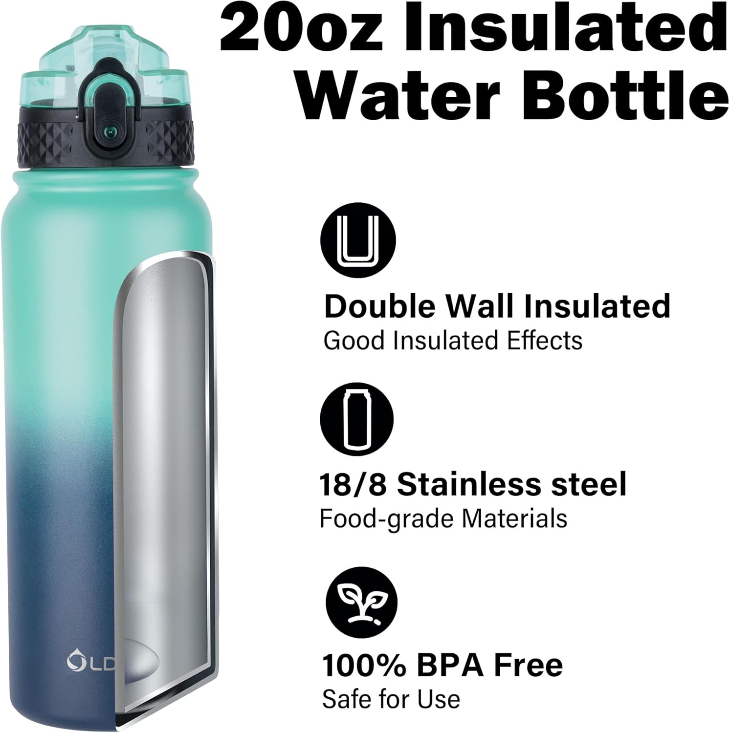 Oldley Insulated Water Bottle - 20oz Stainless Steel with 3 Lids, Fruit Strainer & Leak-Proof Design