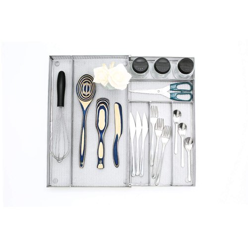 JANE EYRE Utensil Drawer Organizer - Expandable Cutlery Tray, Silverware/Flatware Storage Divider for Kitchen, Mesh Designing with Non-slip Rubber Feet (Silver)
