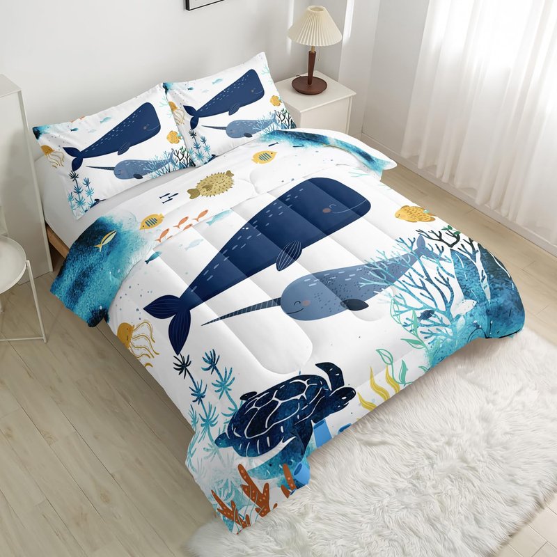 Nttopship Cartoon Whale Bedding Comforter Set for Kids Teens and Adults Ocean Theme Printed Quilt Set for Bedroom 100% Soft Microfiber All Season Print Quilt Set with 1 Comforter and 2 Pillow Case